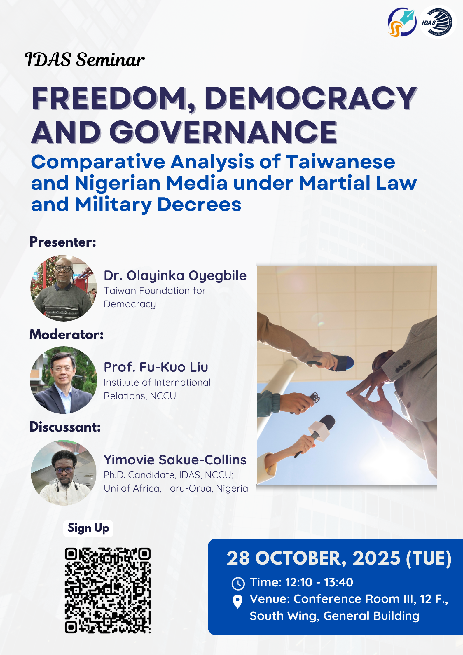 IDAS Seminar - Freedom, Democracy and Governance: Comparative Analysis of Taiwanese and Nigerian Media under Martial Law and Military Decrees